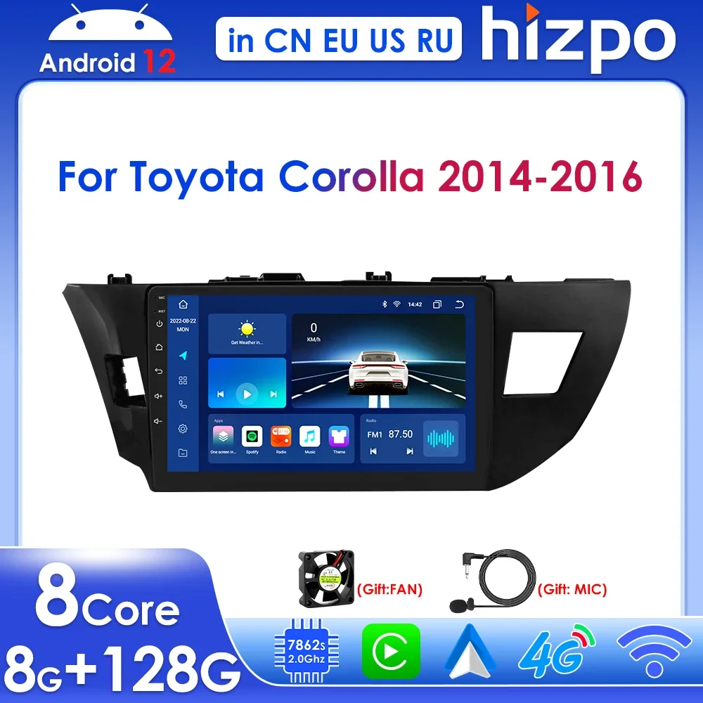 Hizpo 2din Carplay for Toyota Corolla 2014 2015 2016 Android13 Car Stereo Radio Multimedia Video Player Navigation GPS Bluetooth