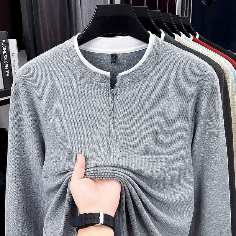 Men's Exquisite Half Zip Stand Collar Long Sleeve T-Shirt 100% Cotton Solid Color Fake Two Piece Tops Casual Commute Men's Wear