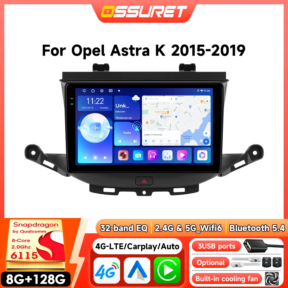 Autoradio Android pour Opel Astra K 2015-2019 Écran intelligent multimédia pour voiture Autoradio sans fil Carplay 6115 GPS Caméra 360°