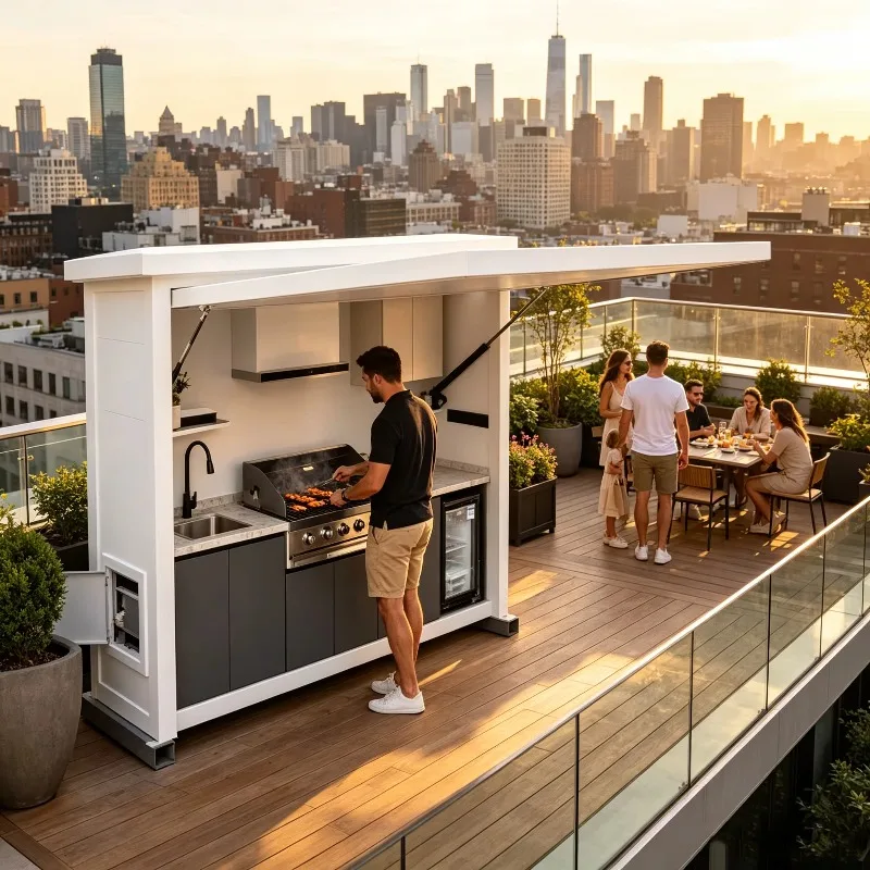 Modular outdoor kitchen unit, wall-mounted black stainless steel, suitable for poolside barbecue cooking kitchens wholesale