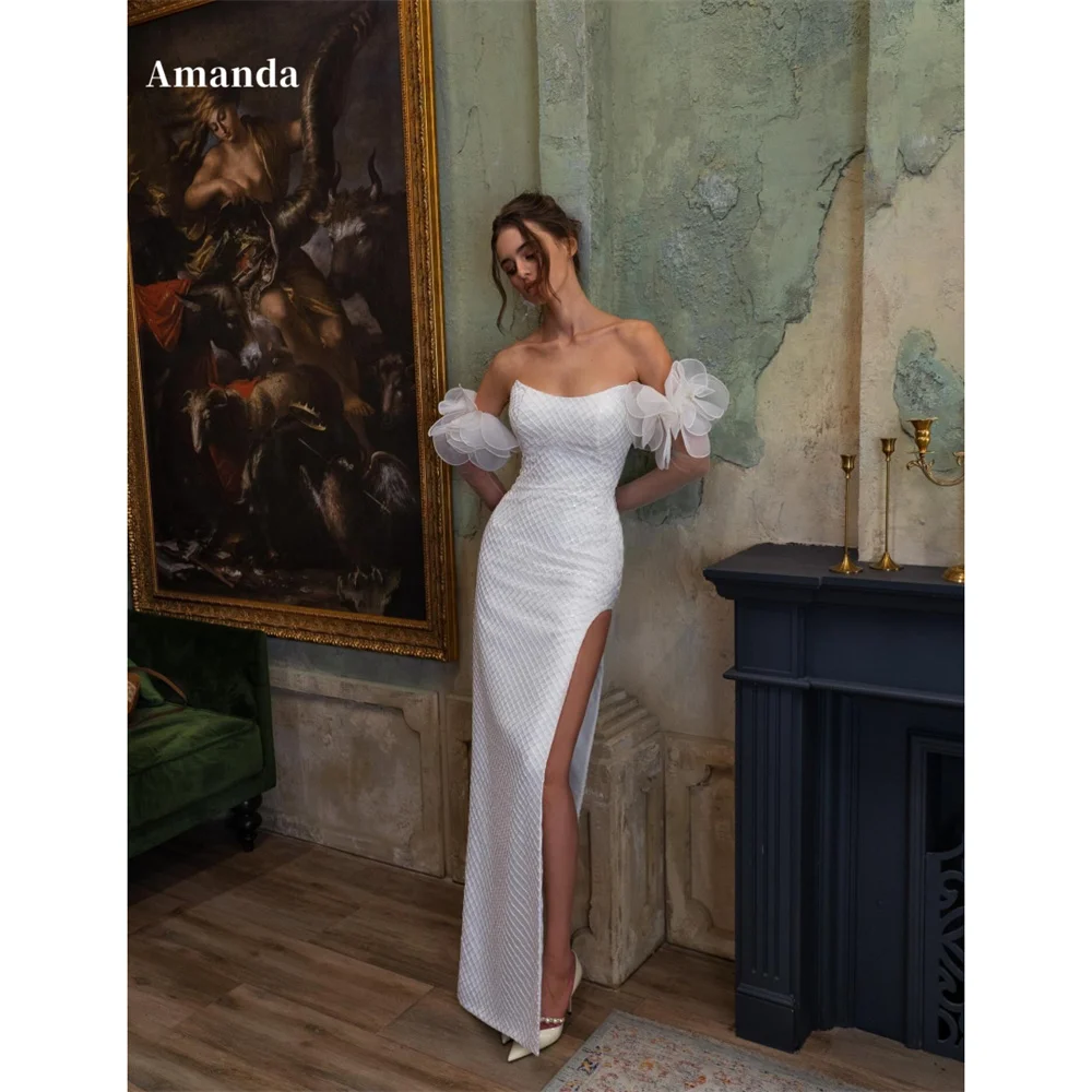 

Amanda индивидуальное белое платье-футляр с 3D цветочными рукавами для выпускного вечера с открытыми плечами, платья de noche, вечернее платье длиной до пола