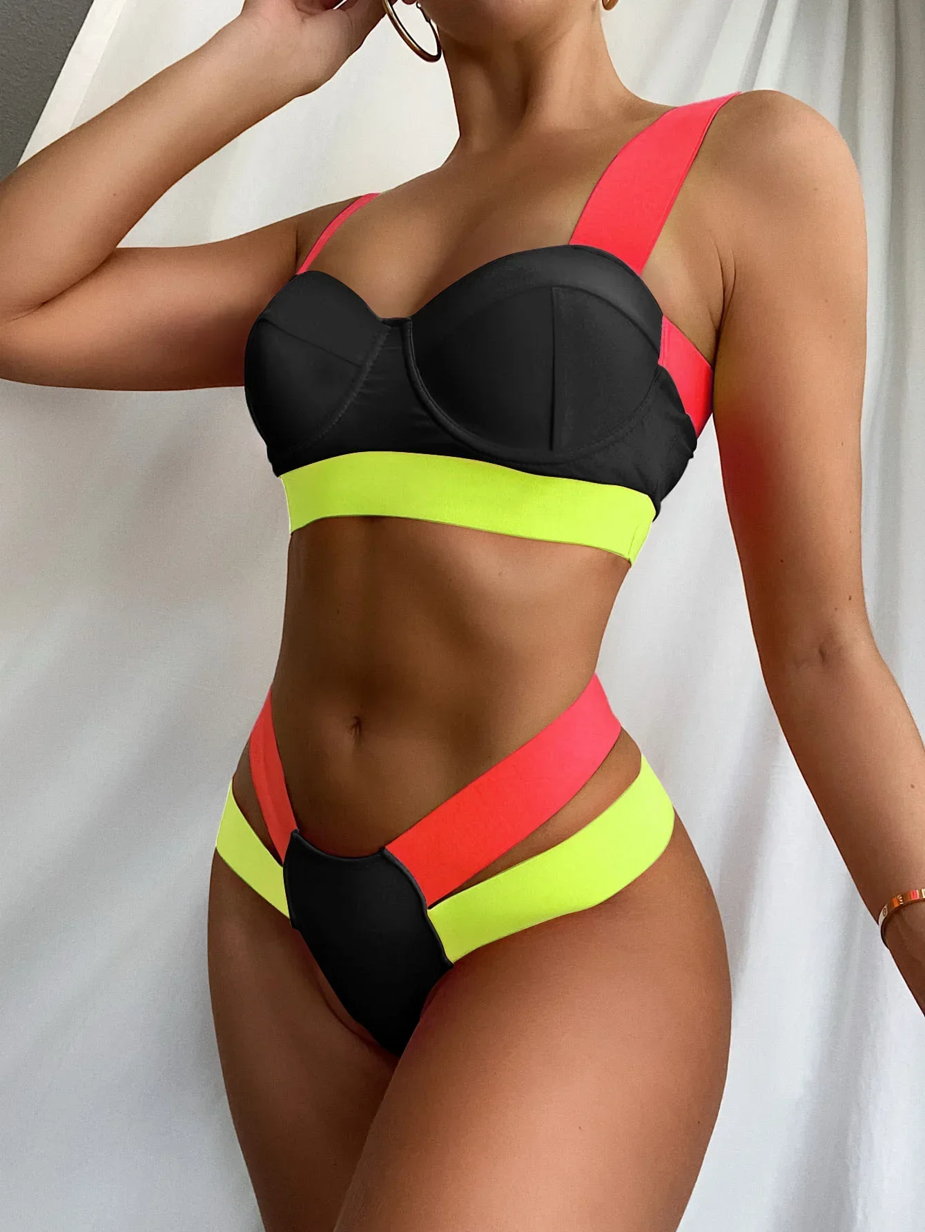 Sexy bikini push up retalhos dupla bandagem de cintura alta maiô maiô feminino conjunto biquinis praia biquíni feminino