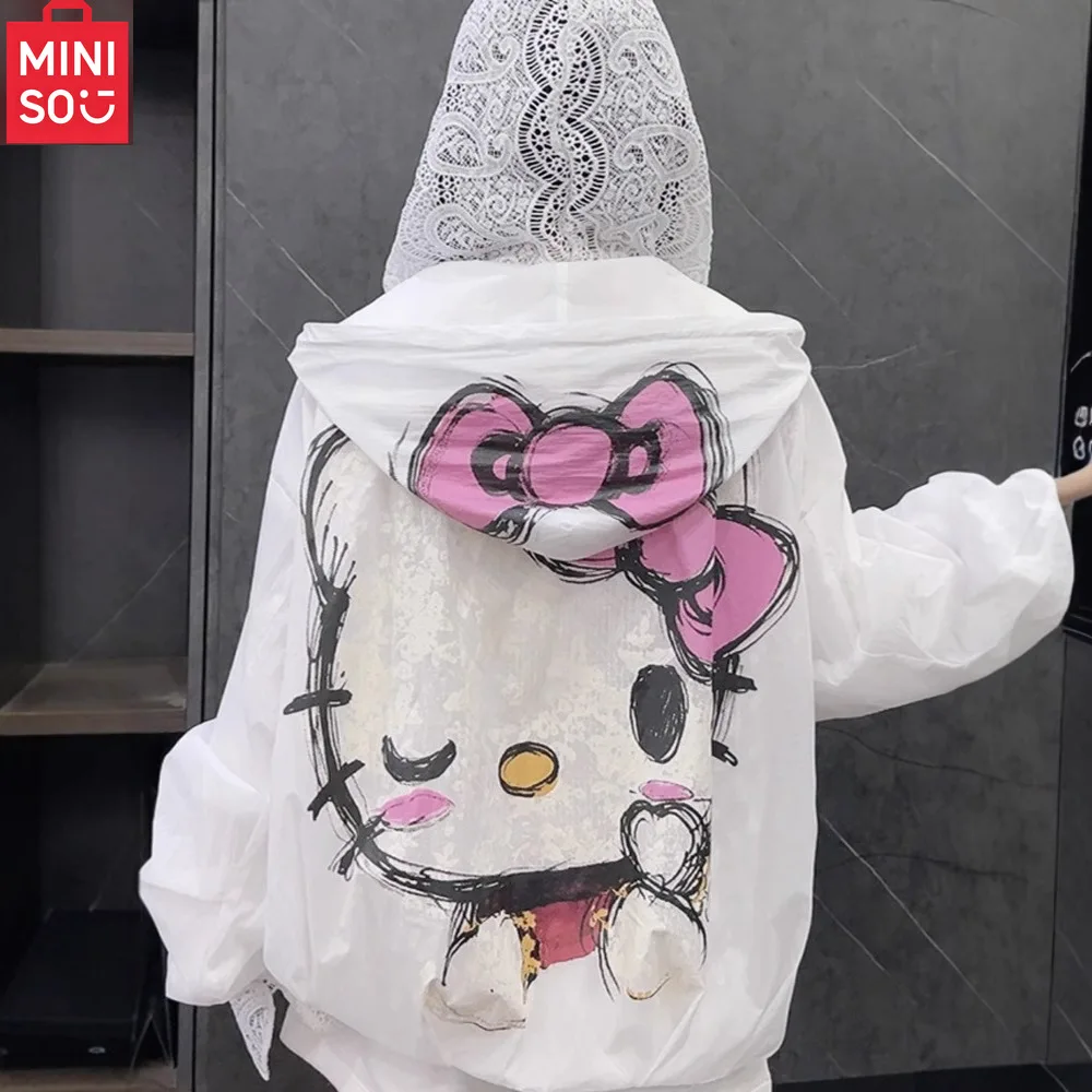 MINISO Hello Kitty Cat Graffiti impreso encaje empalme Sudadera con capucha de manga larga de verano para mujer suelta protector solar Sudadera con capucha
