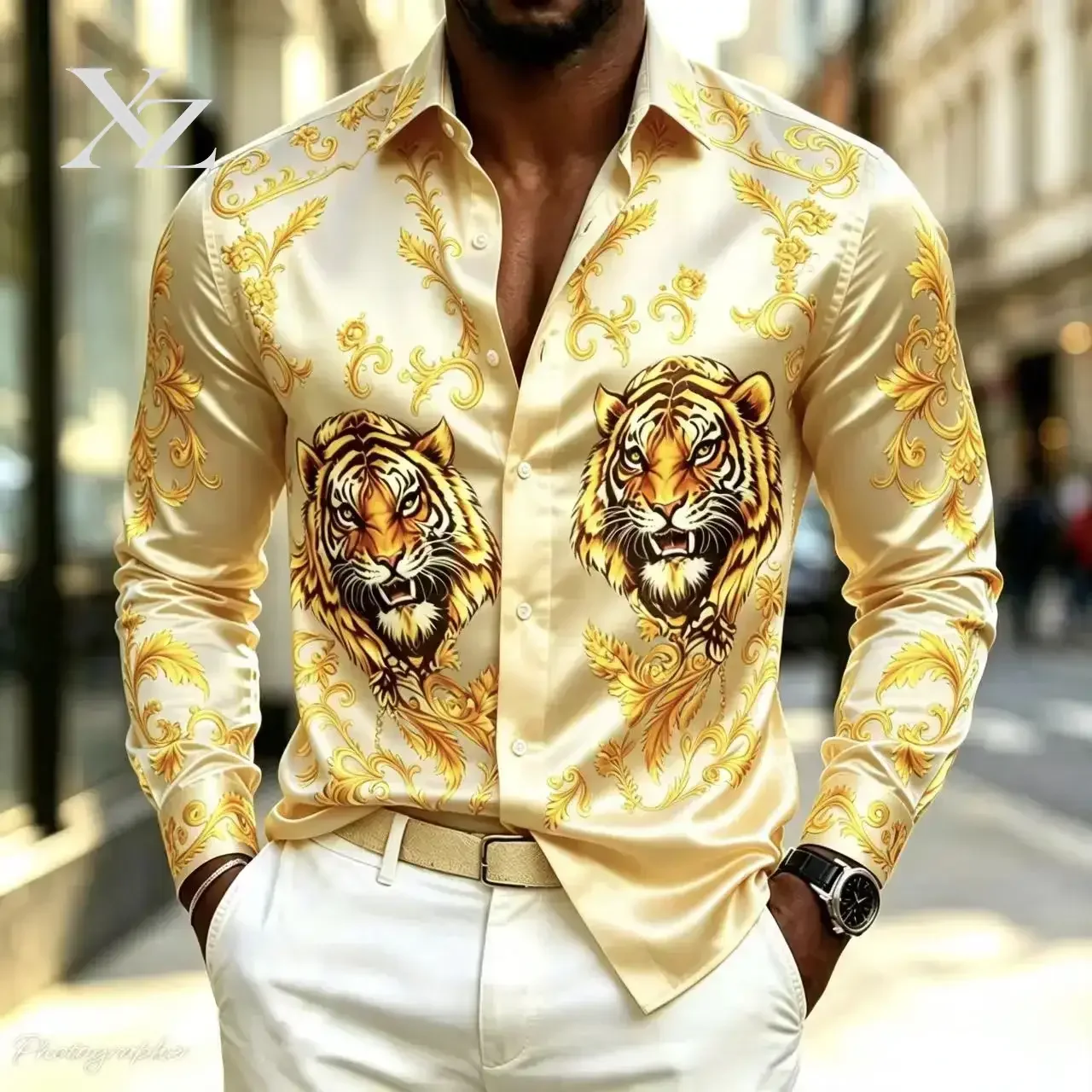 Premium Men's Long-Sleeved Satin Silk Shirt with Double Tiger Head Baroque Print Buckle Collar Luxury Party Top, XS-6XL Size
