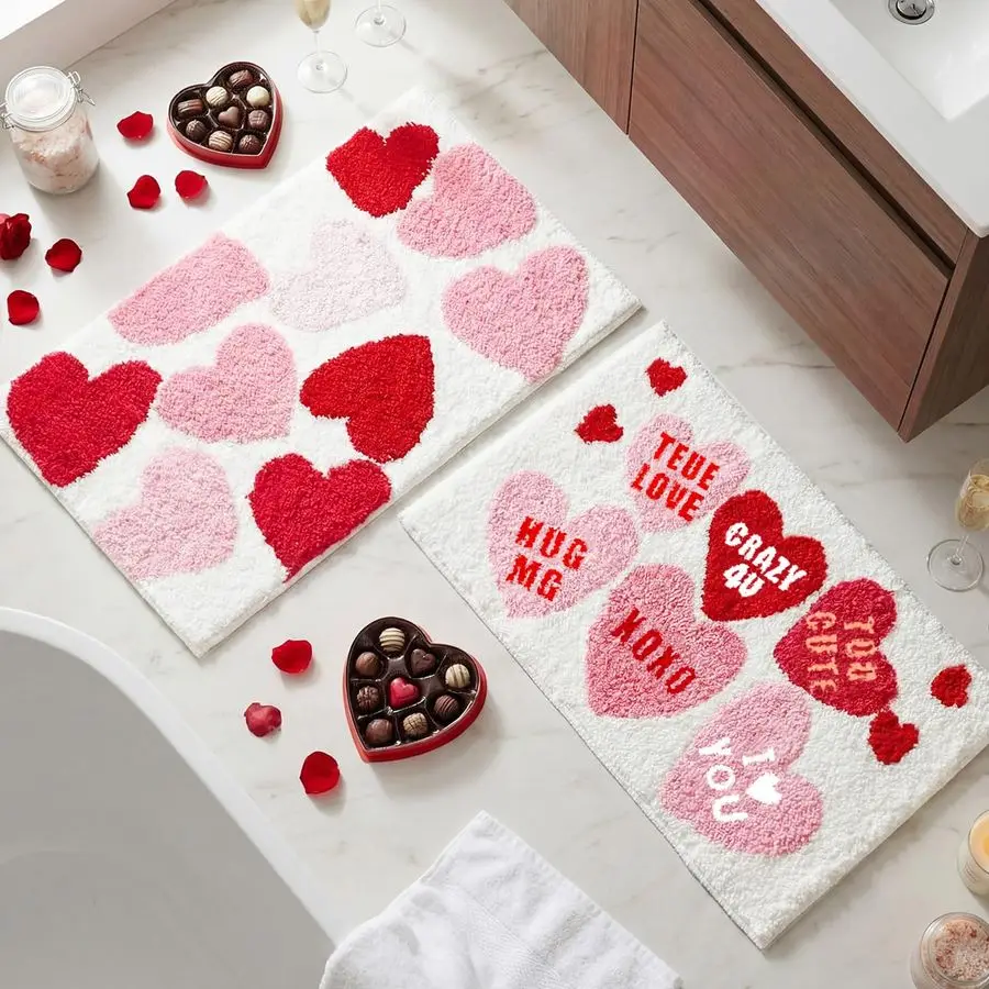 

2 Pcs Valentines Day Bathroom Rugs Conversation Heart Door Mat Valentines Bathroom Mats Pink Red Heart Rugs Non Slip Washable Ba