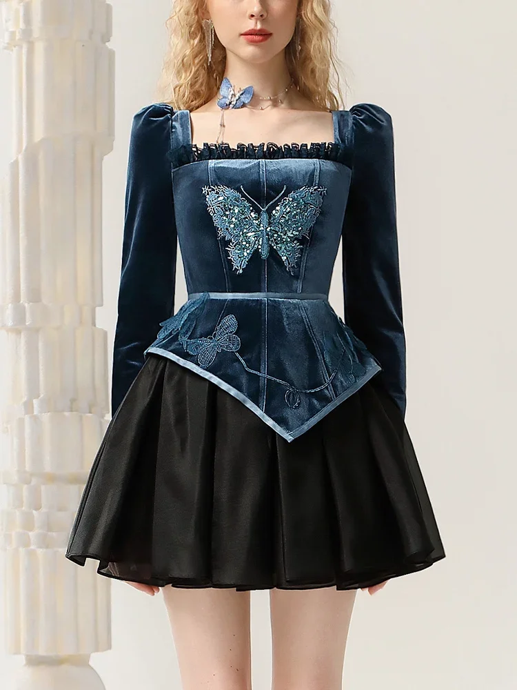 LEOSOXS French Retro Style Velvet Dress 2024 Autumn/winter Embroidery Butterfly Applique Elegant Temperament Evening Dress Women