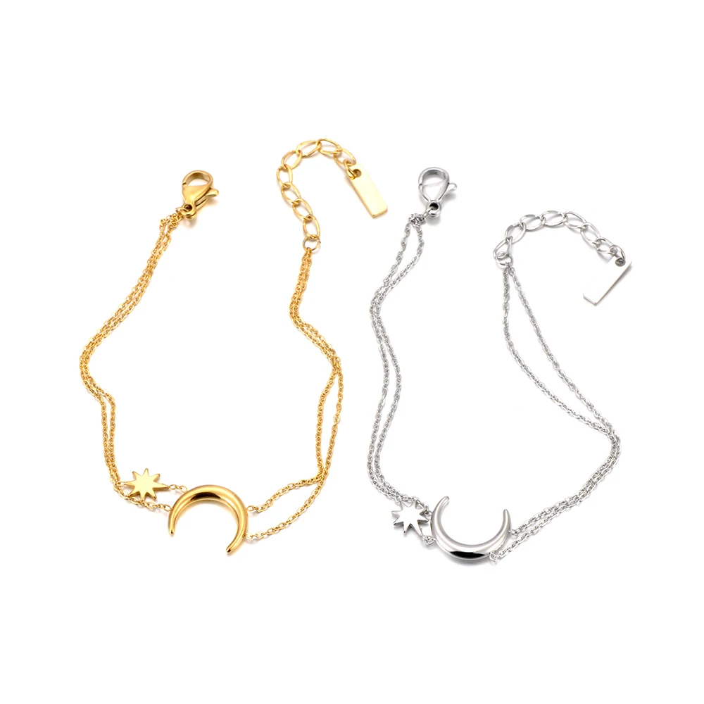 Minimalismus dünne Kette Mond Stern Charm Armband Edelstahl weiblich verstellbare Glieder gestapelt geschichteter Schmuck B25149