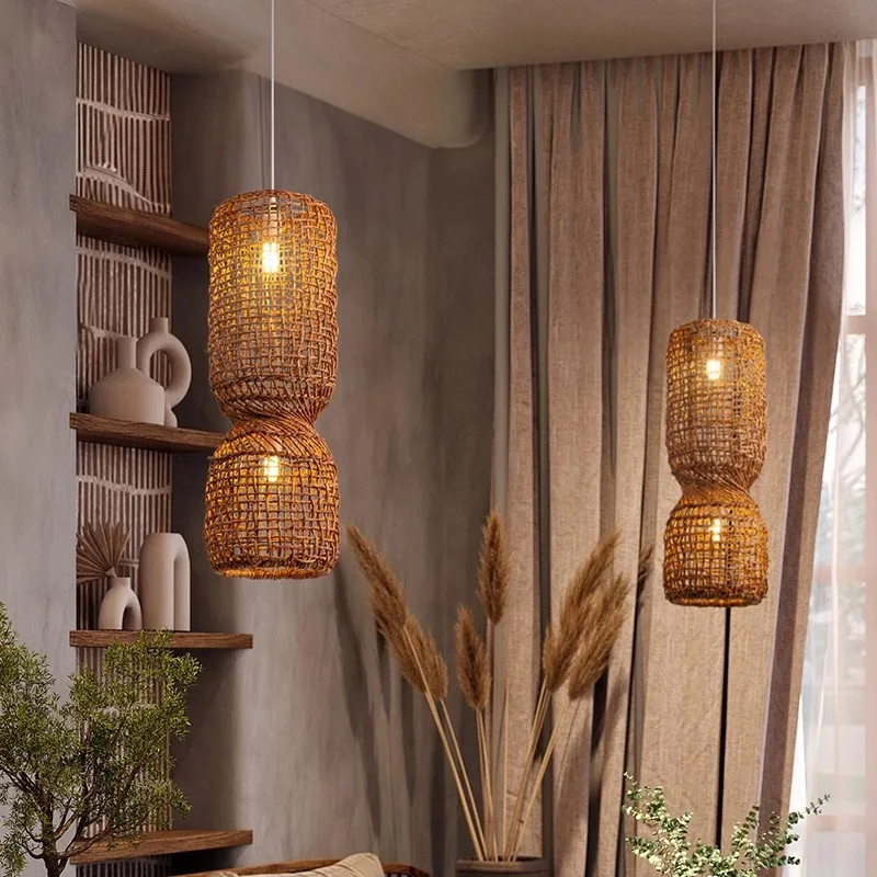 Japanese Wabi Sabi Retro Rattan Pendant Lamp Zen Tea Room Homestay Hotel Restaurant Bar Counter Chandelier Home Decor Lighting