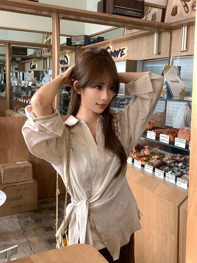 

Women's Summer Thin Linen irt Long Sve Asymmetrical Design mat Sle Korean Faion Sun Protection Top