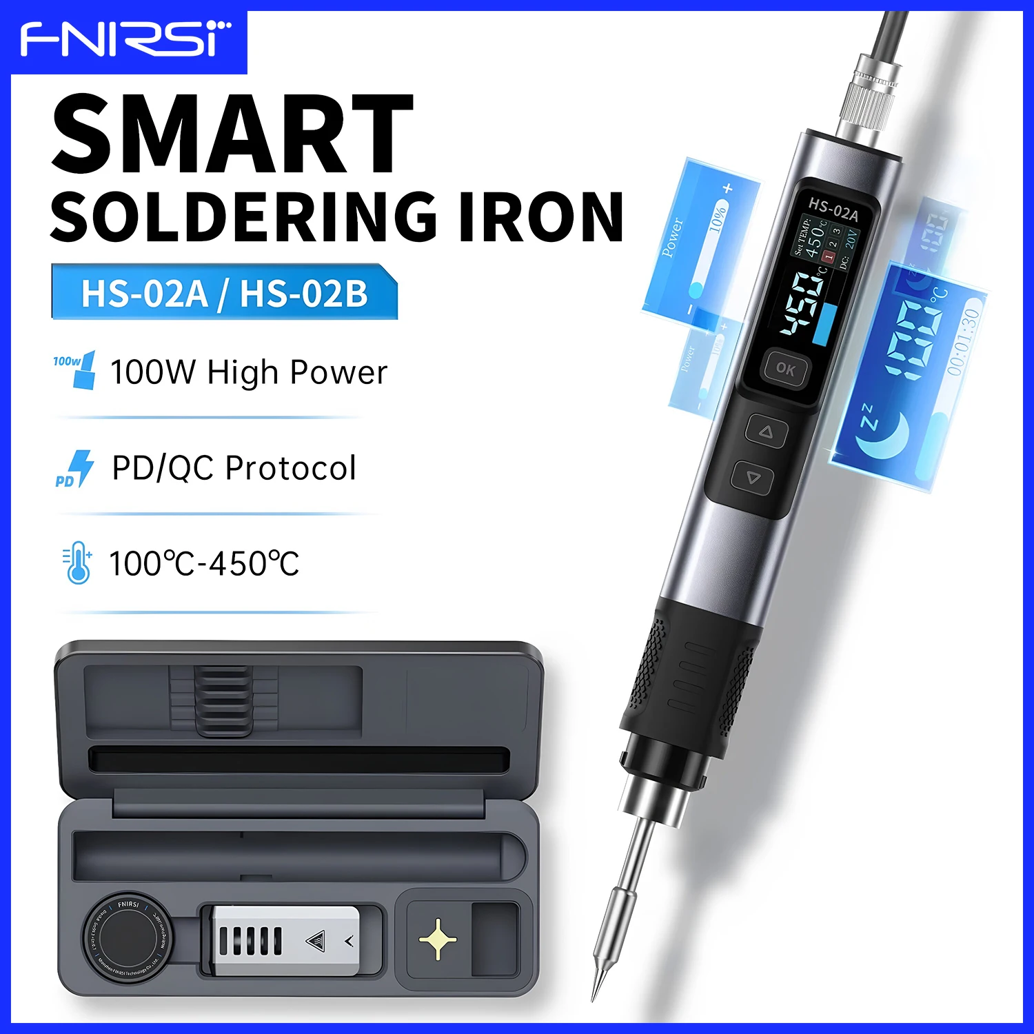 FNIRSI HS-02 Digital Soldering Iron Portable Heating Toolbox Kit 100W Power Adjustable Temperature 100-450℃ Welding Repair Tools