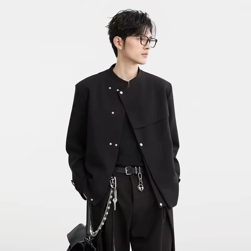 Autumn 2026 New Fashion Men Black Solid Color Asymmetrical Button Simple Basic Casual Trendy Daily Loose Suit Blazers Male Coats