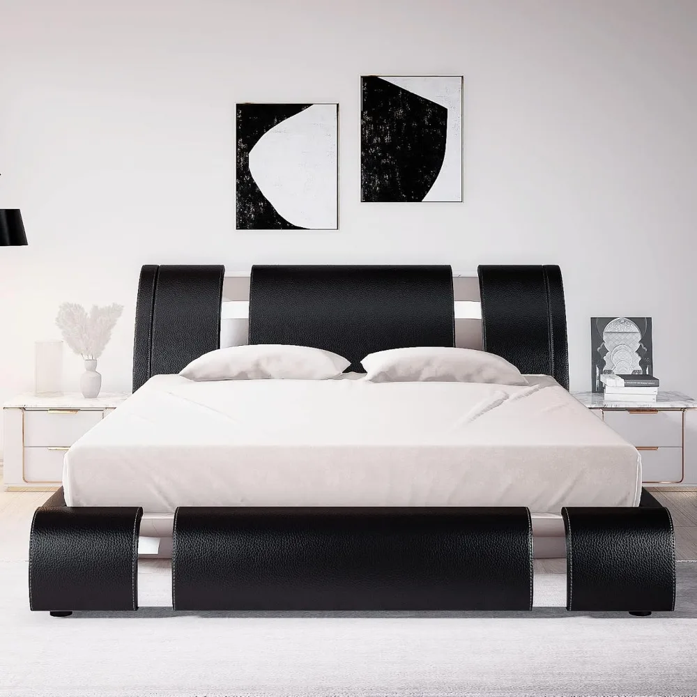 Allewie Cadre de lit queen avec décor en fer, lit plateforme rembourré en simili cuir avec tête de lit réglable et bois solide S