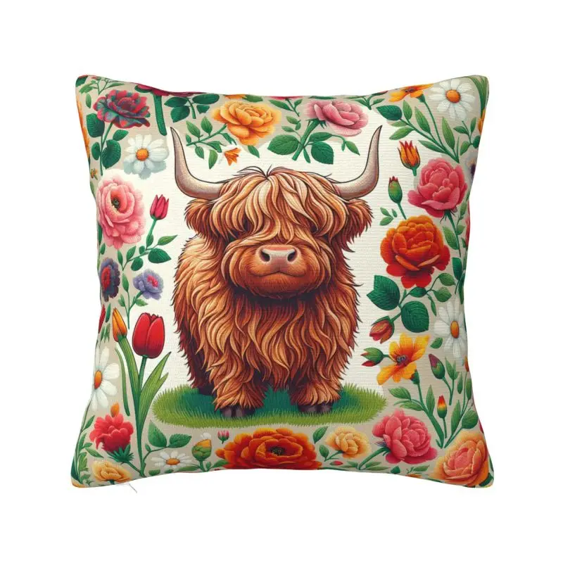 Highland Cow And Flower Cushion Cover 50x50 cm Polyester Velvet Throw Pillow Case For Sofa Car Decoration Bedding Pillowcase