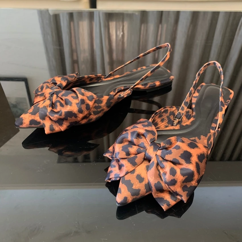 2024 Woman\'s Leopard Print Flat Mules Sweet Bow Pointed Toe Ballet Shoes Spring Summer Casual Slingback Design Women Shoes