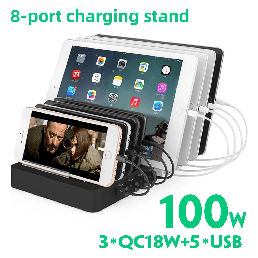 

100W 8 Ports Multi Phone Charger Dock 3QC Fast Phone Charger Station For iPhone Android Mobile Phones