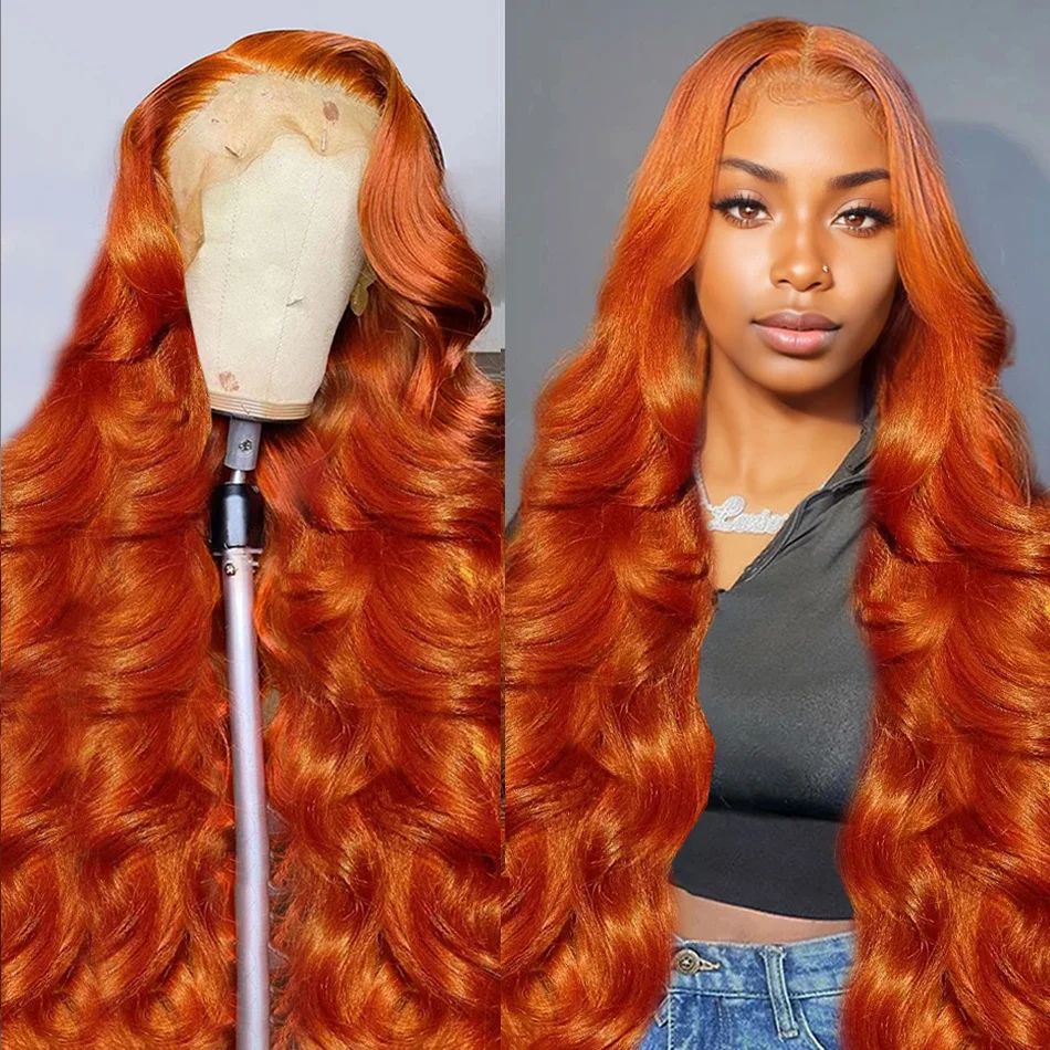 Ginger Orange Colored Lace Front Human Hair Wigs On Clearance Sale Glueless Body Wave 30 Inch Lace Frontal Wig 100% Human Hair