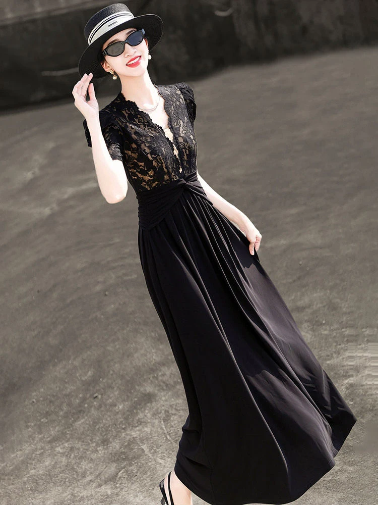 MEXCOCO 2026 New Summer Elegant V Neck Short Sleeve Lace Splicing Twist Ruched Waist Flowy Maxi Evening Dress