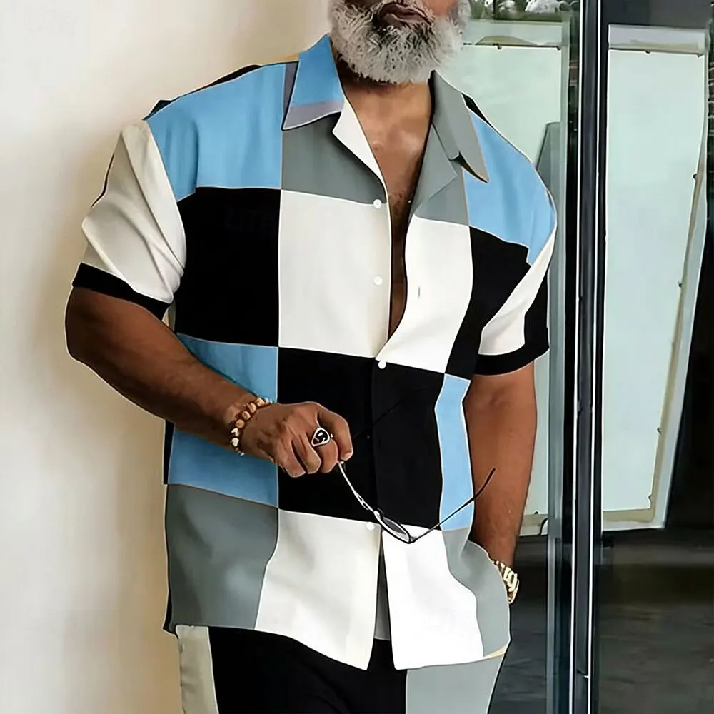 Men's Short Sleeve Button Up Shirt, Geometric Color Block 3D Print Design,  Spring & Summer Vacation