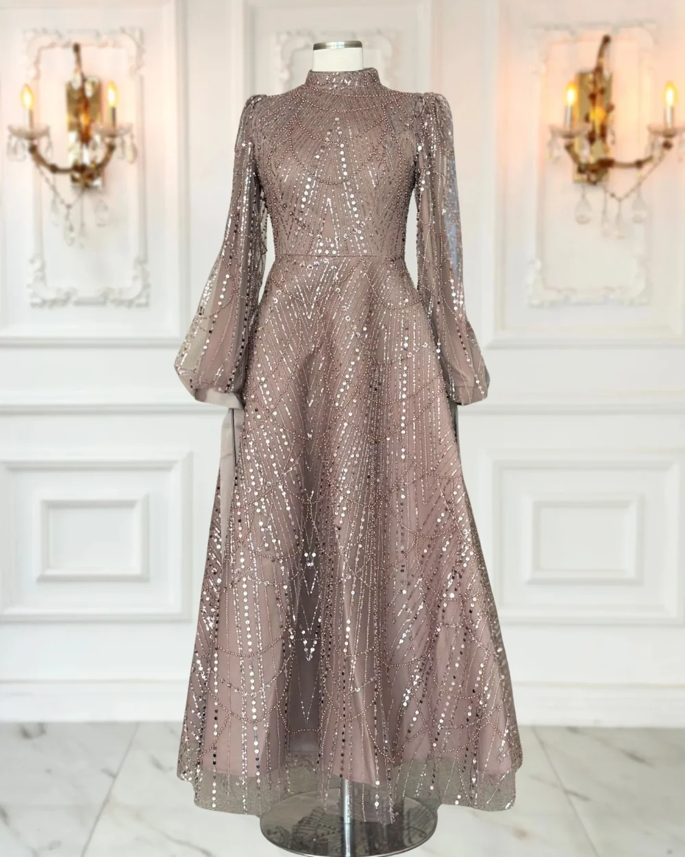 Customized Intricate Charmeuse Pleat Sequined Pattern A-line High Collar Long Bespoke Occasion Prom Dresses Matching