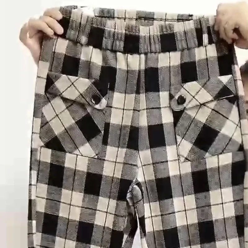 2023 Autumn and Winter Women\'s Patchwork Button Pockets with Velvet Plaid Casual Loose Tie Feet Versatile Slimming Harlan Pants
