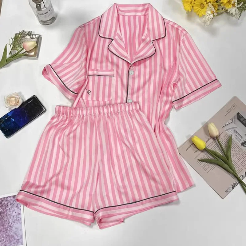 Large Size Women's Pajamas Set Short-Sleeved Short Homewear Student Cardigan Striped Pink Sleepwear Girl Comfortable Soft 5