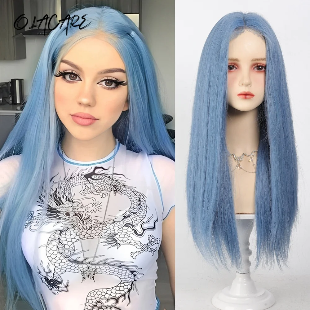 

Синтетический длинный прямой парик в стиле Лолита с челкой и разрезом по центру, синий, для косплея, вечеринок, Хэллоуина, в стиле Харадзюку, для женщин, LM