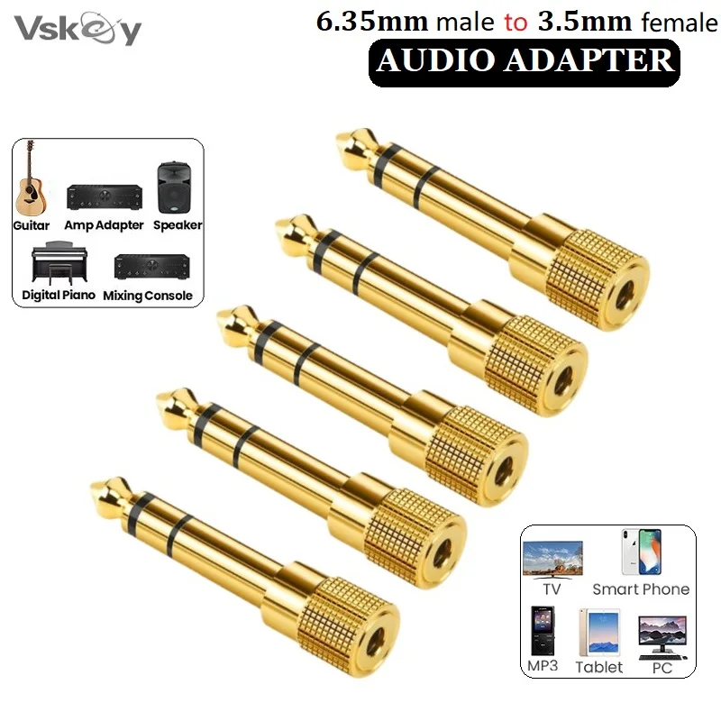 5PCS 1/4 Inch 6.35mm Male to 3.5mm Female Headphone Adapter Amplifier Mixer Console Guitar Speaker Stereo System Audio Connector