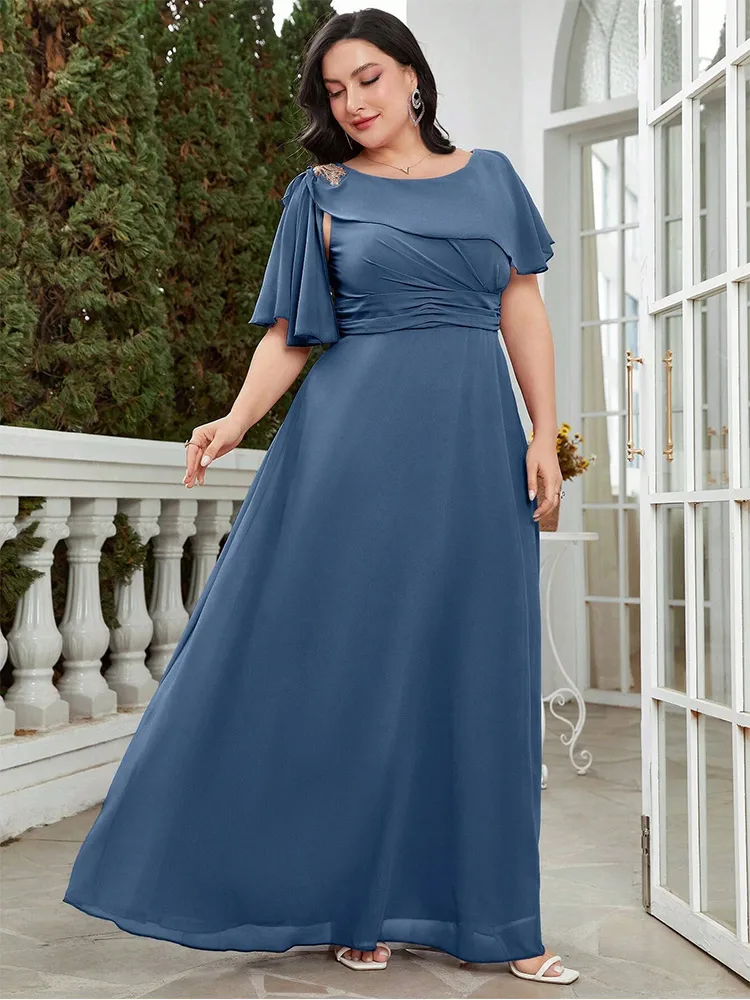 Plus Size Round Neck Chiffon Bridesmaid Evening Dress 4XL 5XL Big Size Women's Chiffon Floor Standing Evening Dress