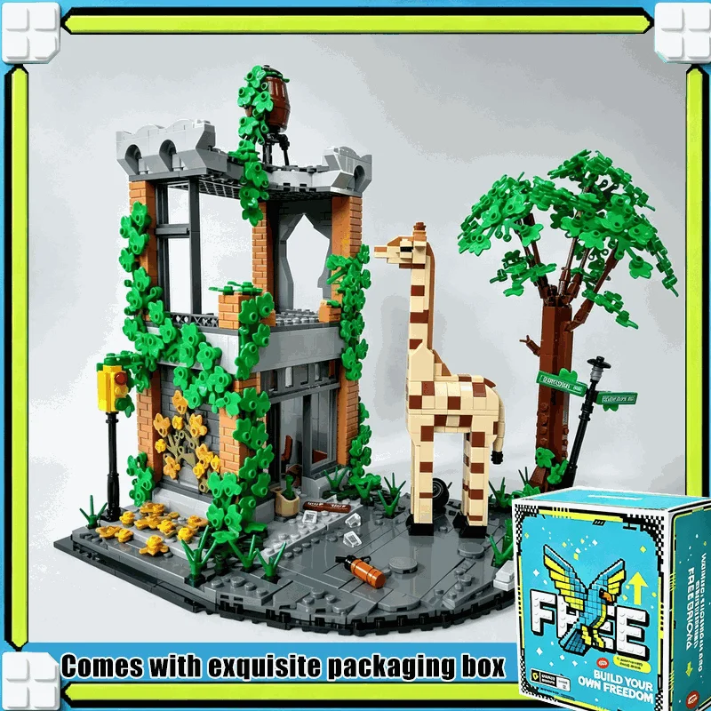1299PCS Post Apocalyptic City Ruins Giraffe Encounter Scene Model Building Blocks Custom MOC Architecture DIY Assembly Toy Gift