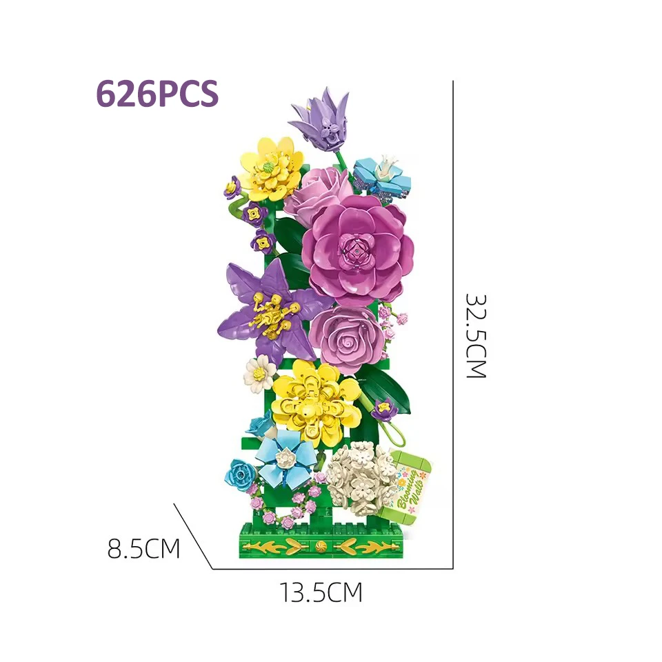 Flower Grille Building Blocks Colorful Flower Bouquet Trellis Model DIY Floral Display Bricks Set Home Decor Gift for Adults