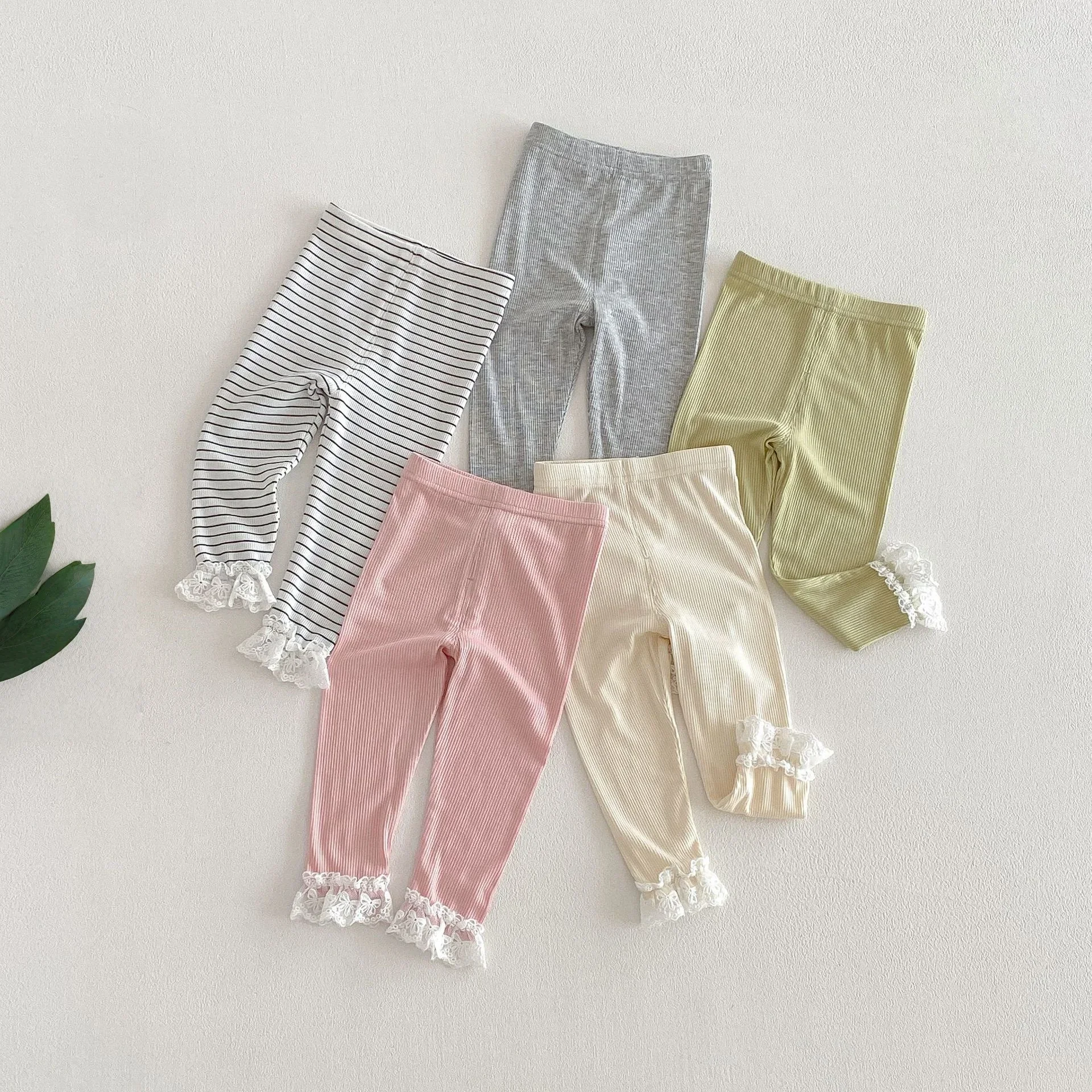 

Spring Children Clothes Girls Leggings 0-5Y Kids Lace Trim Ribbed Fabric Skin-friendly Stretch Pants Solid and Striped Bottoms