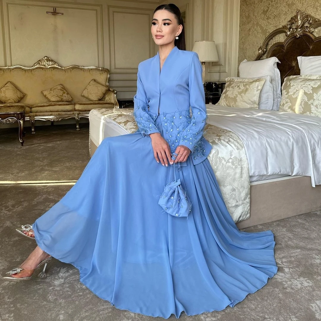 Blueribbon Two Pieces Evening Dresses Long Sleeves Beaded Feathers Vestidos De Noche Floor Length A Line Prom Party Formal Dress