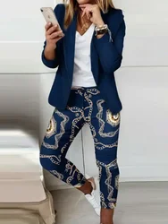 Women 2-Piece Set Office Jacket Top And Pants Print Suit Casual Office Female Pants Elegant Slim Fit Long Pants Matching Suit