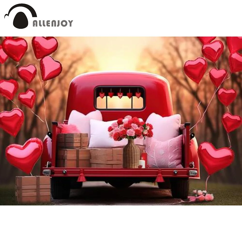 

Allenjoy Valentine's Day Red Love Balloon Truck Photography Backdrop Romantic Heart Balloons Wedding Photoshoot Background