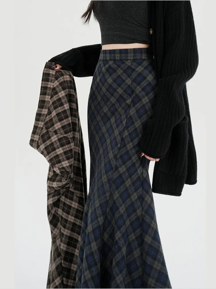 

Синяя винтажная шерстяная юбка в клетку из флиса, женская, осенне-зимняя, с высокой талией, утепленная, А-силуэт, с эффектом стройности, длинная юбка-«рыбий хвост»