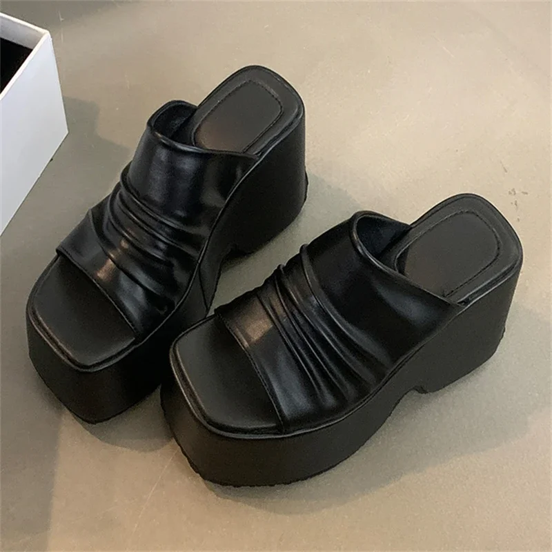 

Eilyken/модные плиссированные женские тапочки с квадратным носком, летняя обувь на платформе в стиле панк на толстой подошве и высоком каблуке, БОЛЬШАЯ SZIE 43