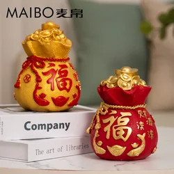 Ingot pot treasure pot Wufu Fortune Prosperity Statue Chinese Lucky Money Bag Good Luck Treasure Pot Statue Retro Decoration