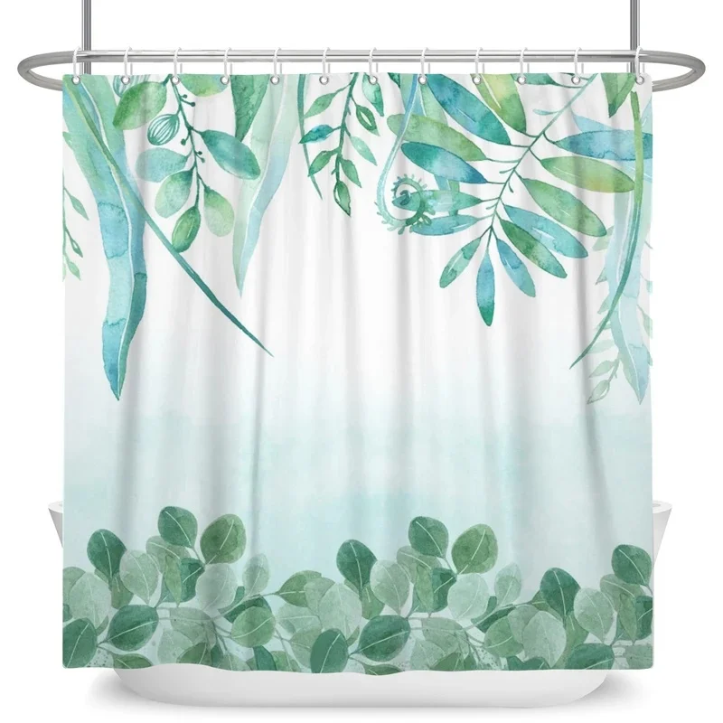 VIKAMA Nature Bathroom Shower Curtain Watercolor Green Leaves Border Frame Print Waterproof Fabric Curtain Home Bath Ornament