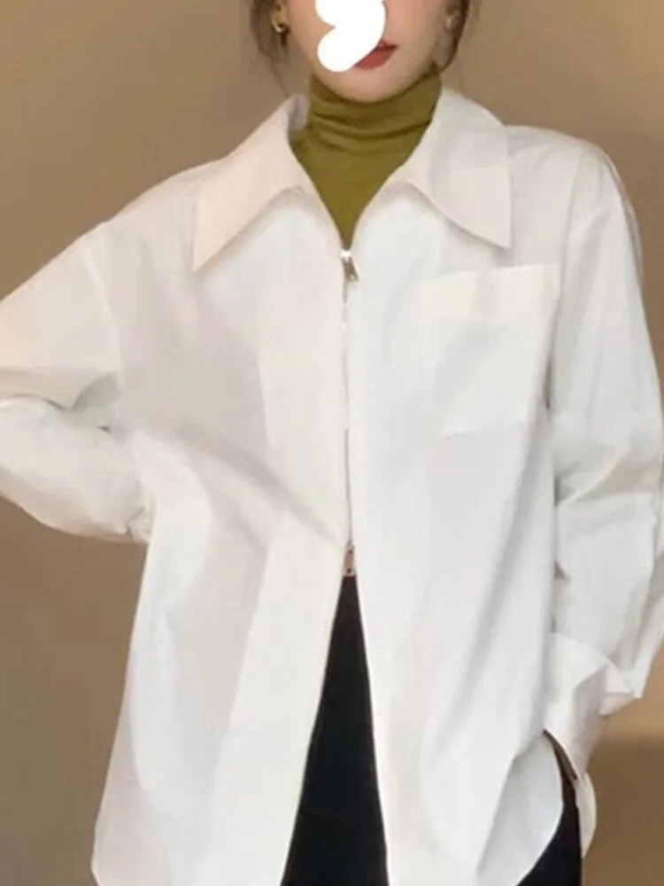 

Early Spring Women's White Zipper Shirt Design Sensation Unique Fashionable Long Sleeve Collar Straight Cut Premium Feel