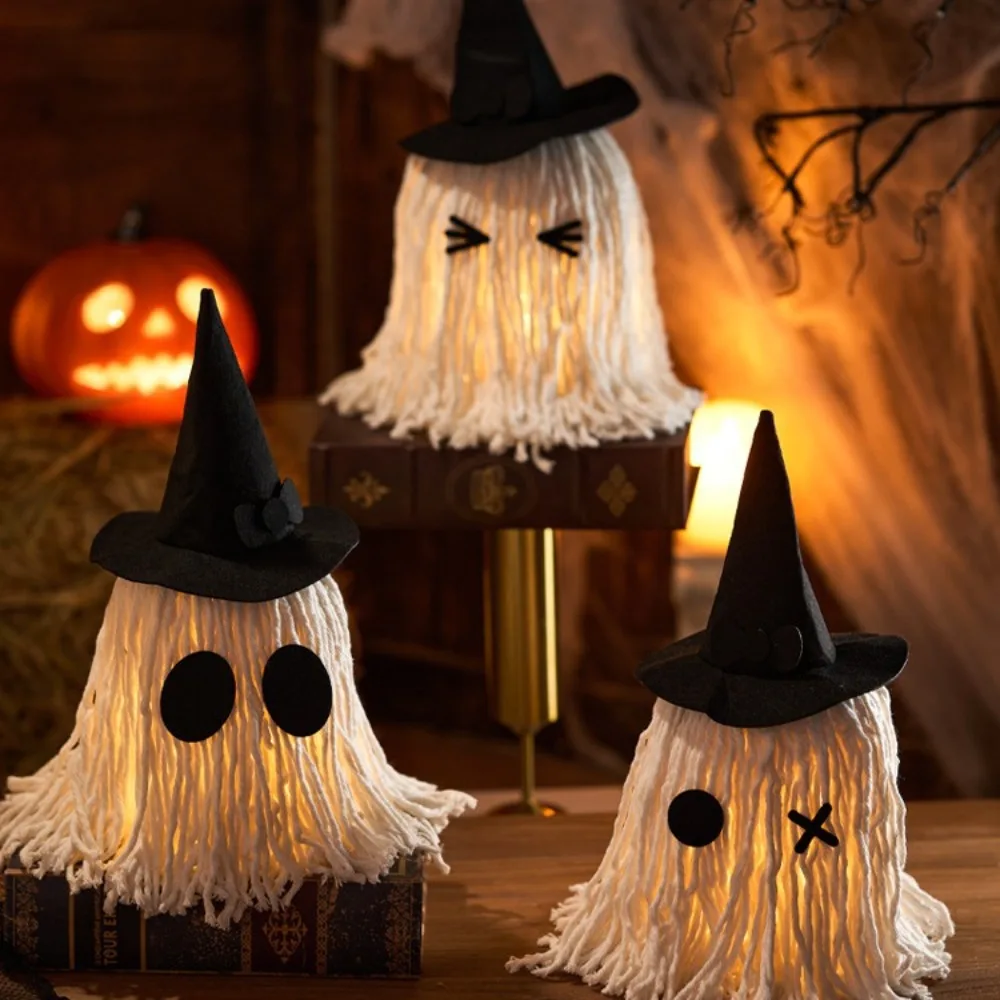 

Luminous Halloween Hanging Ghost Light with Hat LED Specter Ornaments White Tassels DIY Expression Mop Head Desktop Decoration