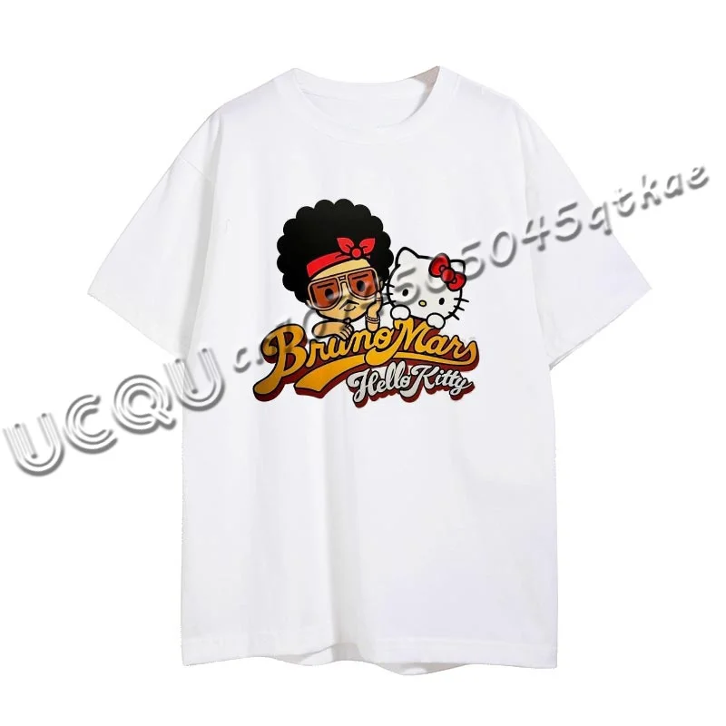 2025 nueva Venta caliente Bruno Mars Hello Kitty camiseta de manga corta de moda para mujer calle Y2K Casual Top deportivo suelto