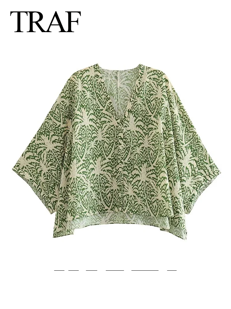 TRAF Women Fashion Blouses Green Floral Print V Neck Flare Sleeve Loose Single Button 2023 Summer Female Elegant Casual Blouse