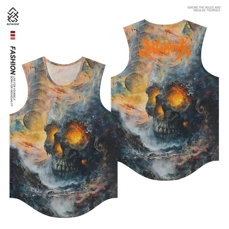 

Men's Fashion Tide Sleeveless Bottom Shirt Halloween Skull Print Adults' Tops Printed Outdoor Sports Quick Dry Tank Top