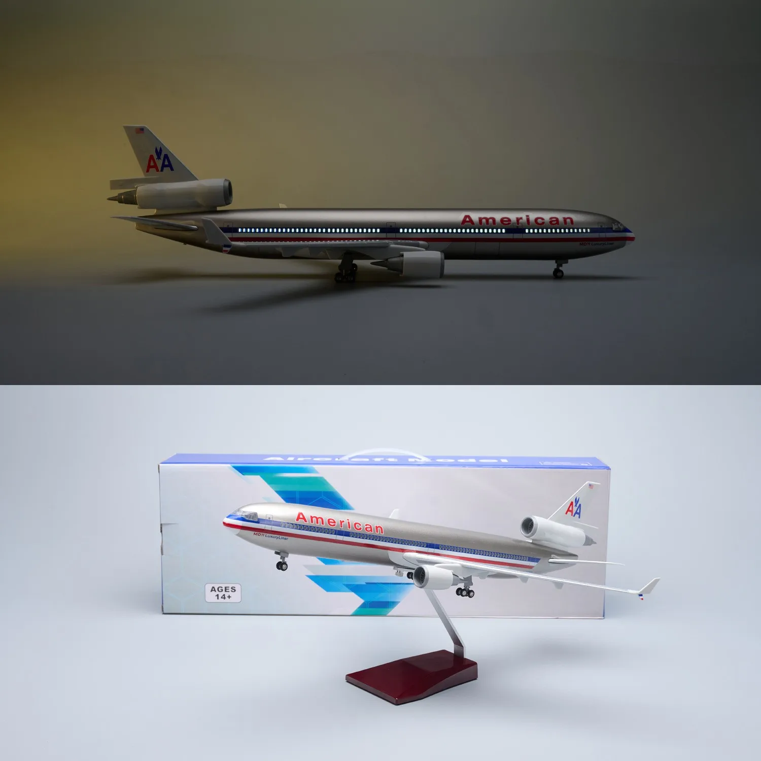 47cm American MD-11 Large Scale Airplane Model Kit With Landing Gear Wheel For Adult Enthusiast Gift or Collection Display