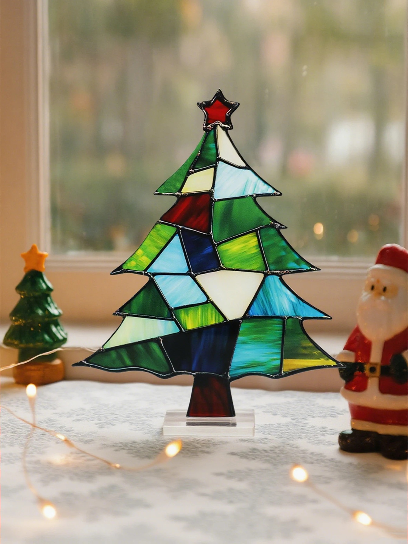 Weihnachts-Acrylbaum-Tischdekoration, buntes geometrisches Muster mit rotem Stern, festliche Weihnachtsdekoration für Zuhause, Büro und Party