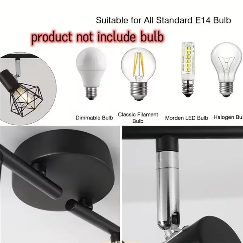 A01F-Retro Black E14 Spotlights, Adjustable Metal Wire Cage Wall Light For Kitchen Ceiling 2-Way For Bedroom Hallway