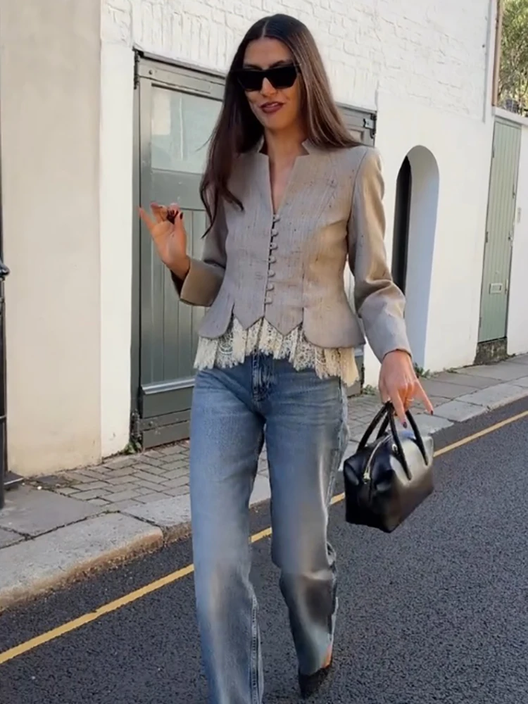 Vintage V-Neck Suit Jacket Chic Lace Patchwork Single Breasted Long Sleeve Elegant Blazer Lady Autumn Fashion Daily Streetwear