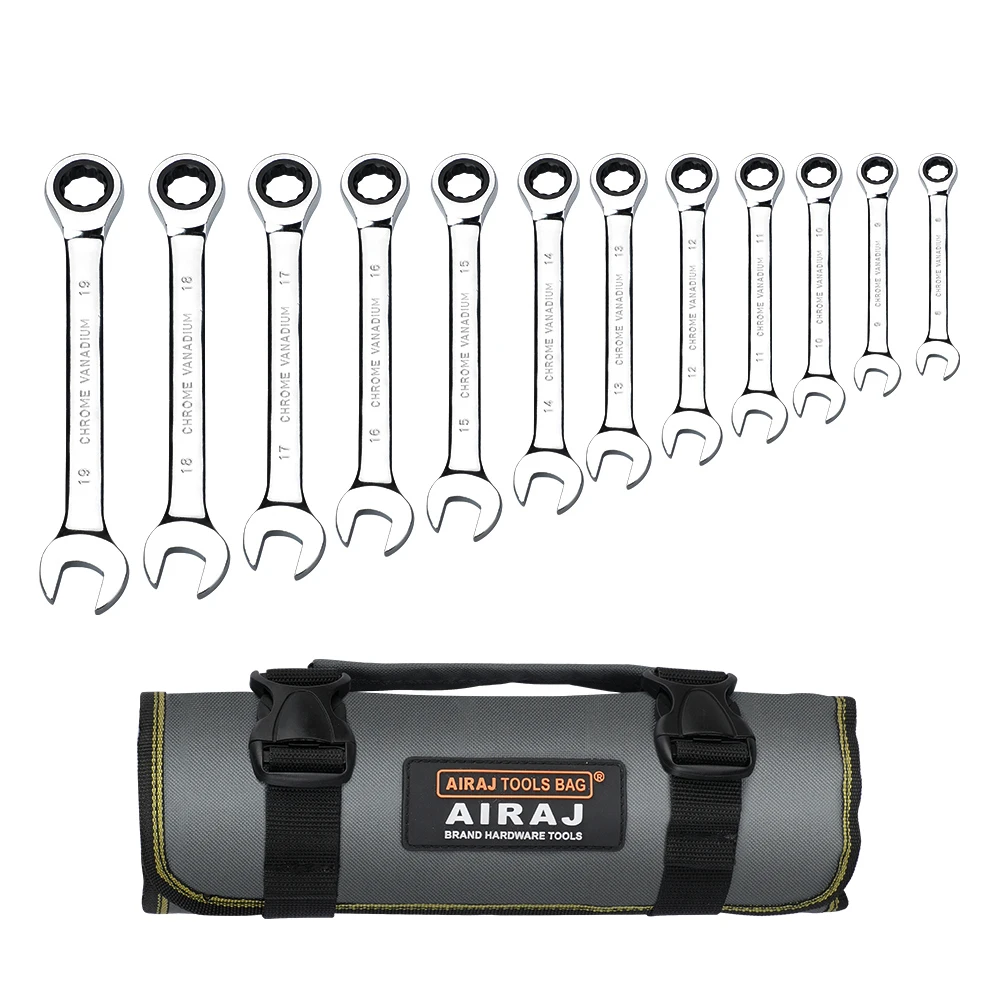 AIRAJ 12-Piece Ratchet Spanner Set (8-19 mm) Professional Metric Standard Kit Chrome-Plated Transport Bag Open-End Spanner