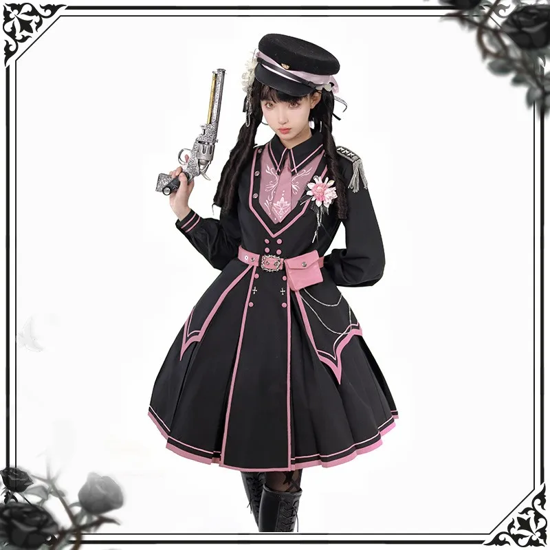 Vintage Gothic Lolita Jurk Vrouwen Donkerroze Militaire Stijl Afdeling Lolita Mantel Sjaal Mantel Vrouwelijke Harajuku Feestjurk