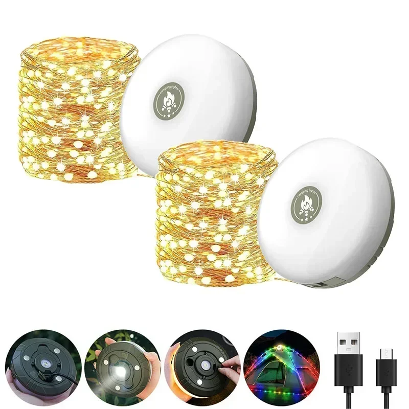 KDULIT Multifunktionale 4-in-1-Design-Camping-Lichterkette, USB wiederaufladbar, Outdoor-Zelt-Dekor-Licht, XTE-LED-Taschenlampe mit Magnethaken 5